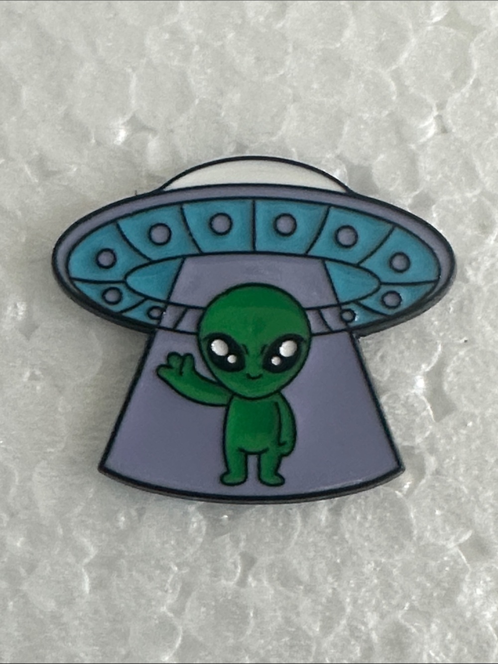 Alien UFO Enamel Pin — Green Alien in Lavender Beam